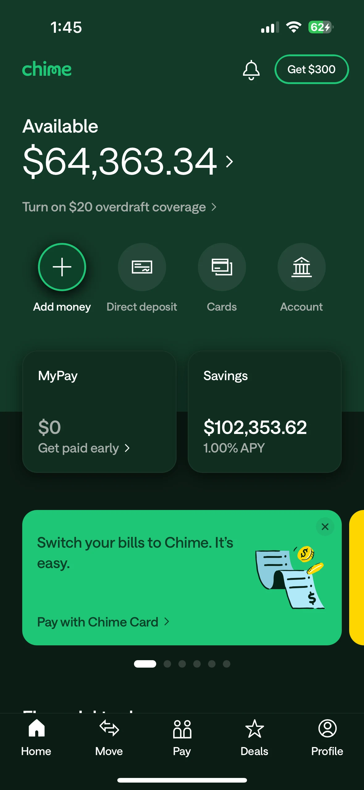 Chime home screen with available balance, MyPay, savings, and account shortcuts