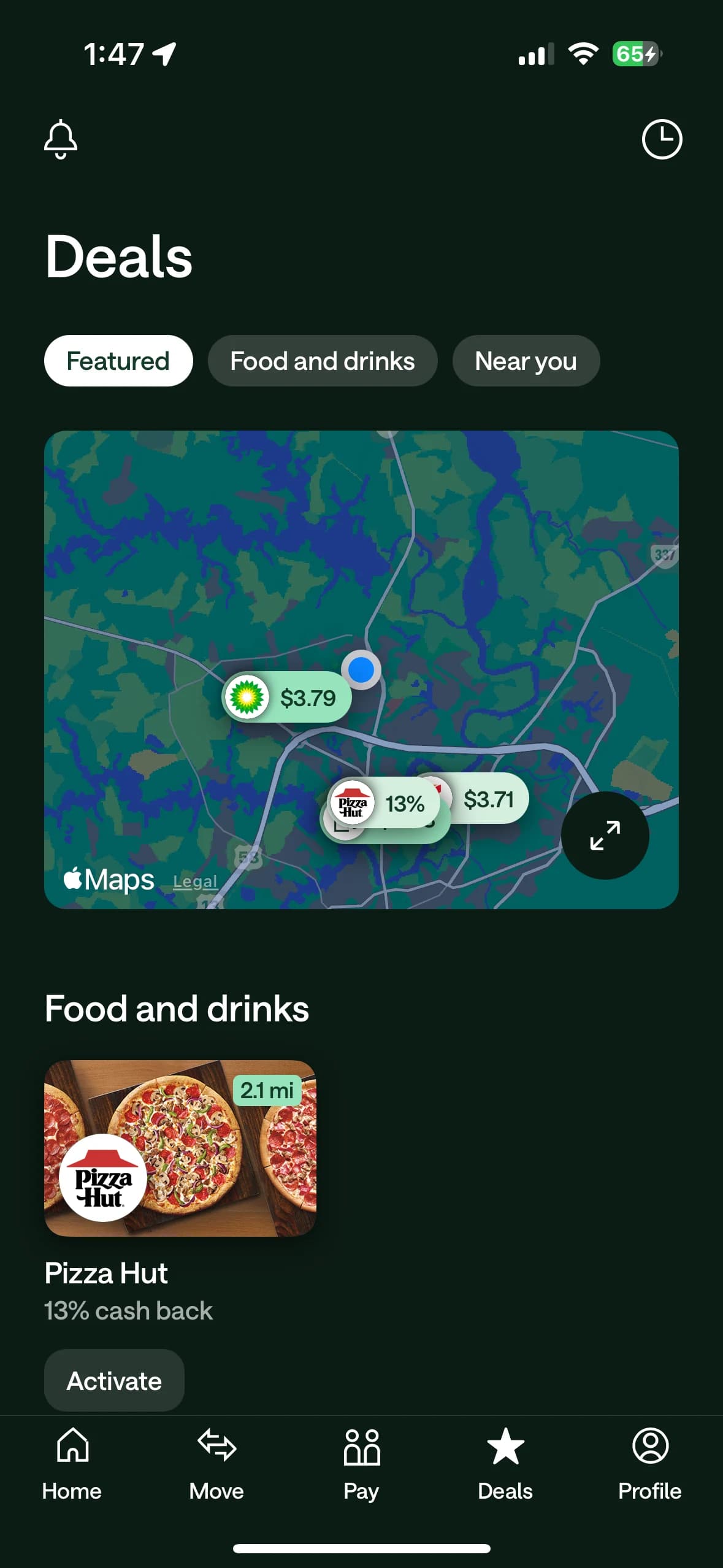 Chime Deals screen with a merchant map and a nearby restaurant cash-back offer