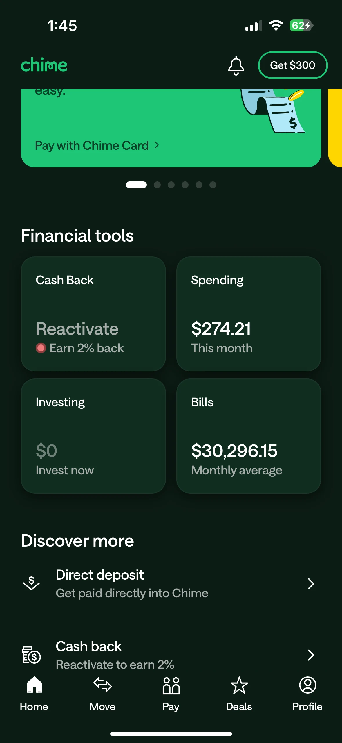 Chime financial tools showing cash back, monthly spending, investing, and bills cards