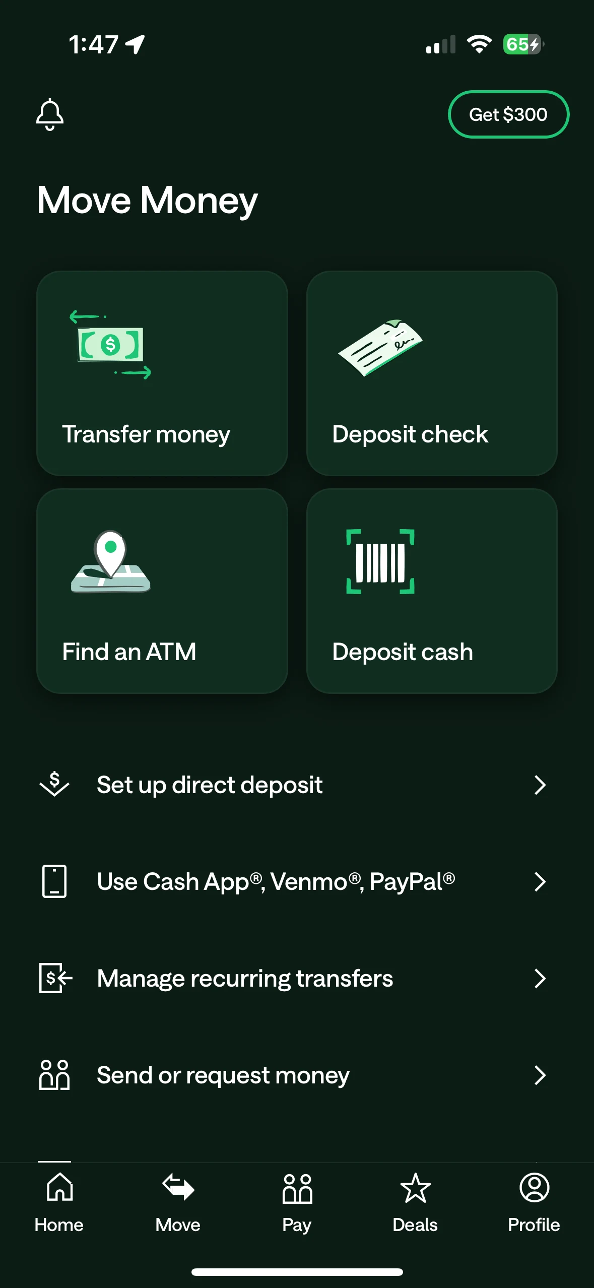Chime Move Money screen with transfer, check deposit, ATM, and cash deposit tools
