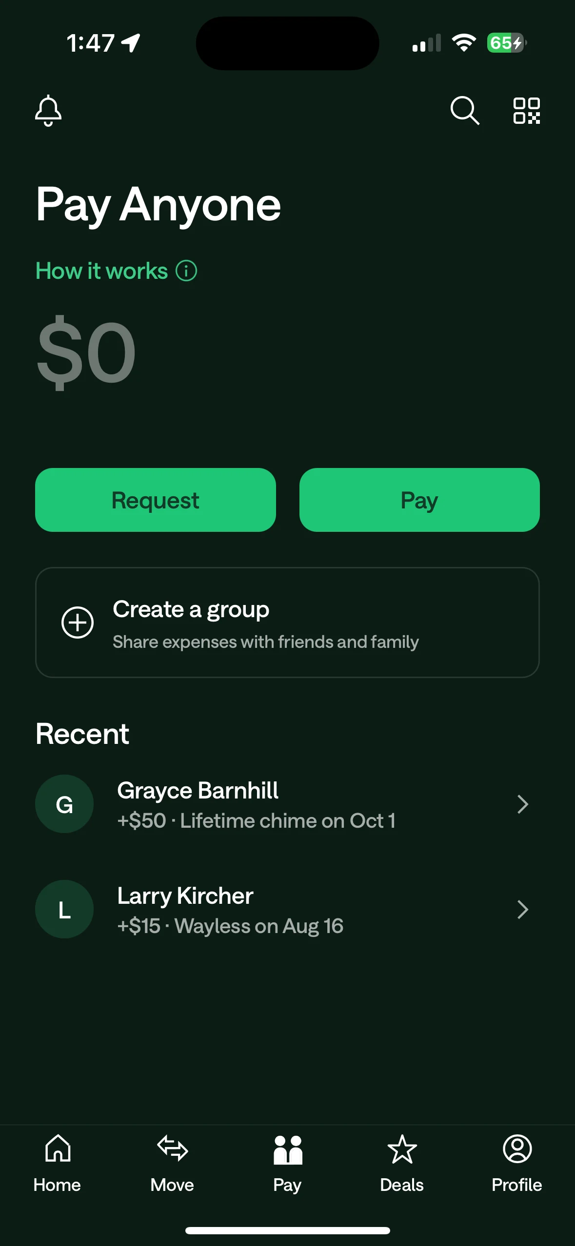 Chime Pay Anyone screen with request and pay actions, group expenses, and recent contacts