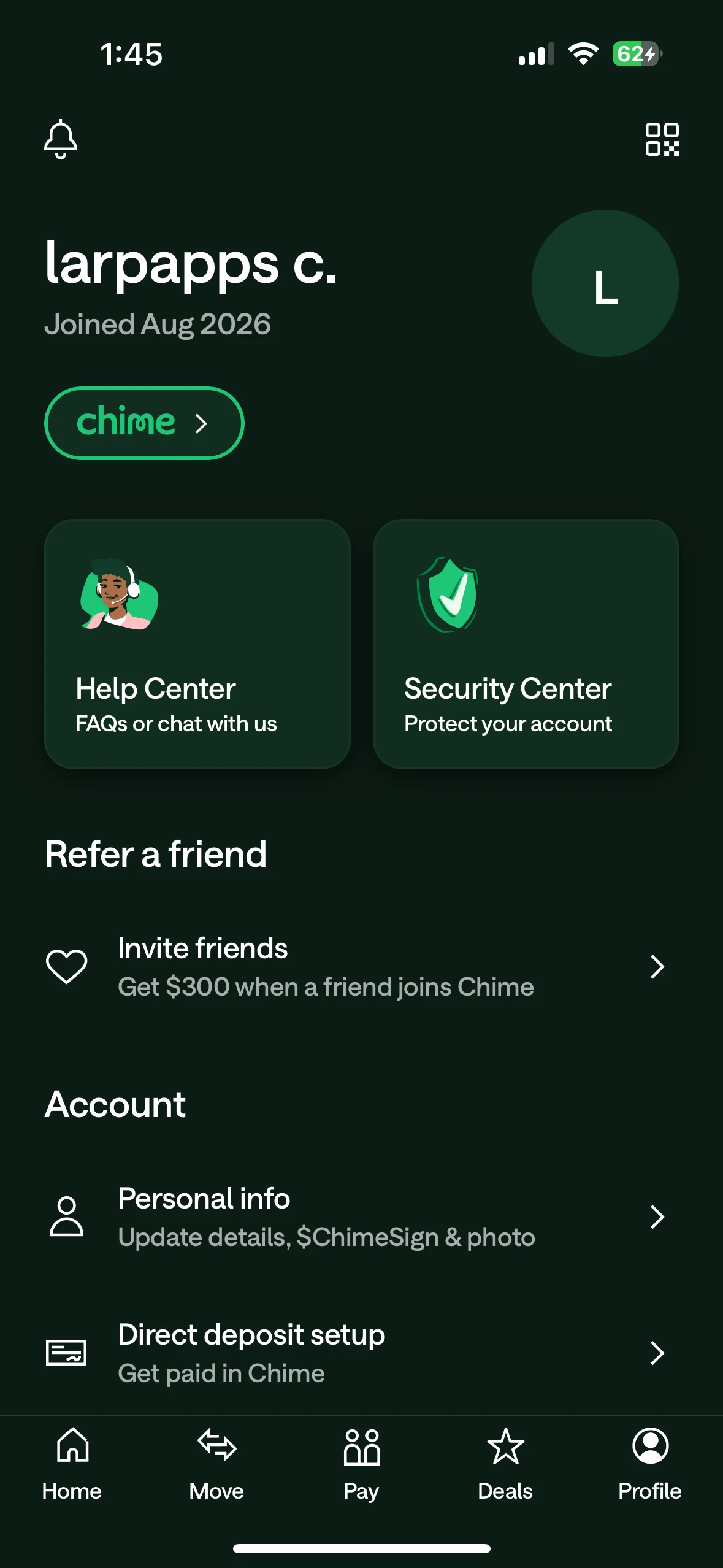 Chime profile screen with account identity, help and security cards, and personal information