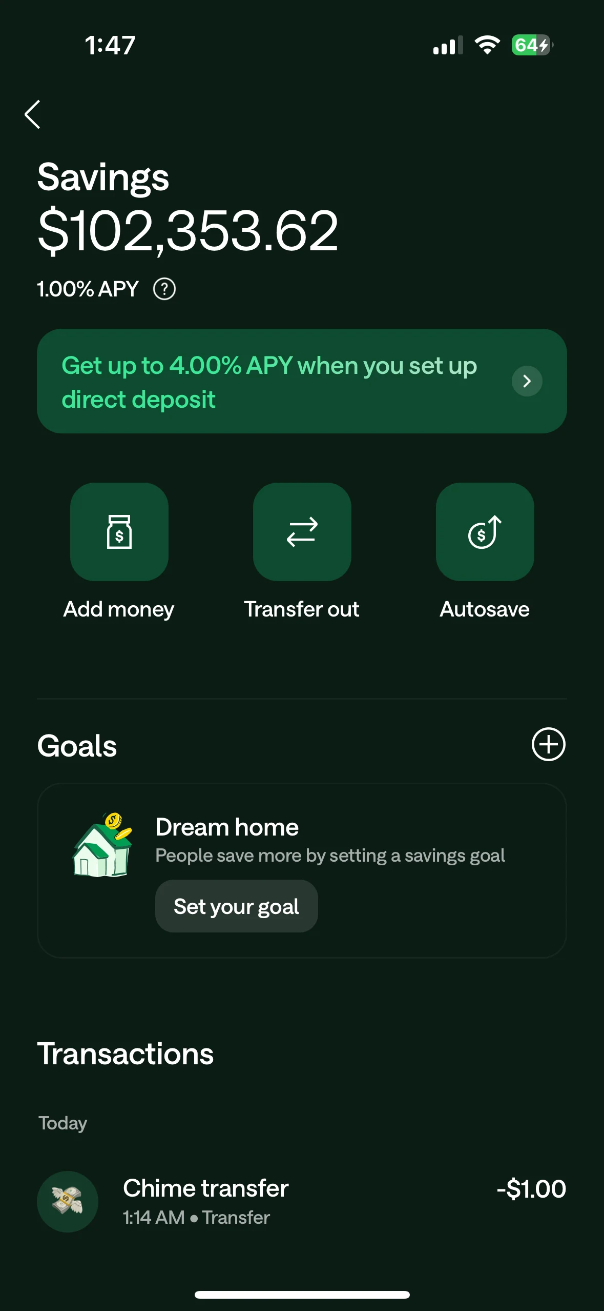Chime savings screen with balance, Autosave, a dream-home goal, and transfer activity
