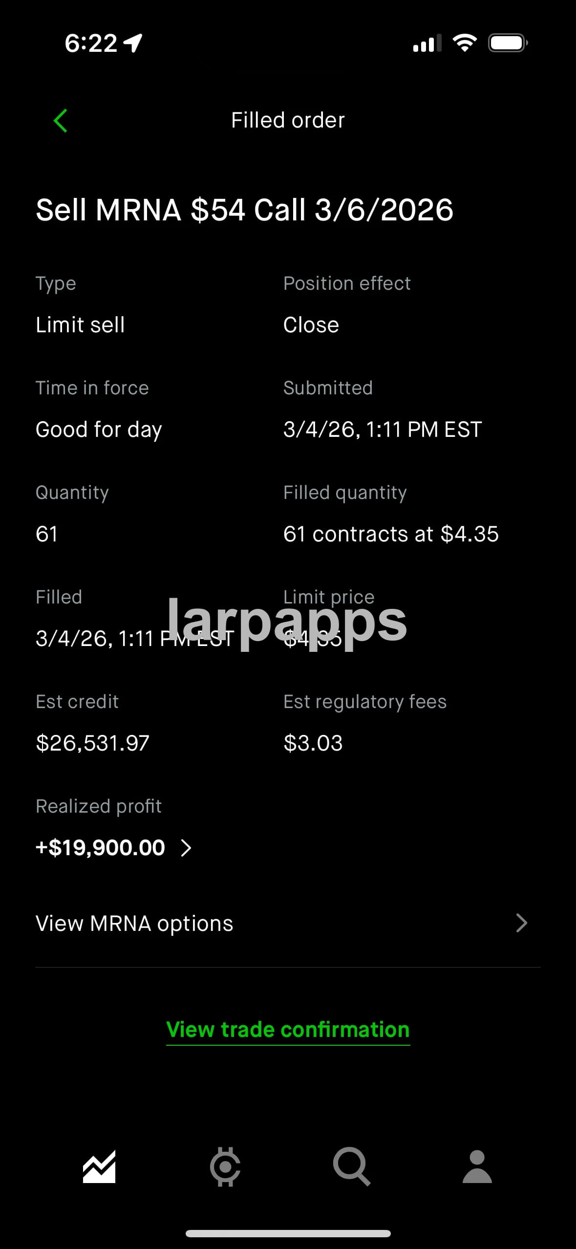 Robinhood filled options order screen preview