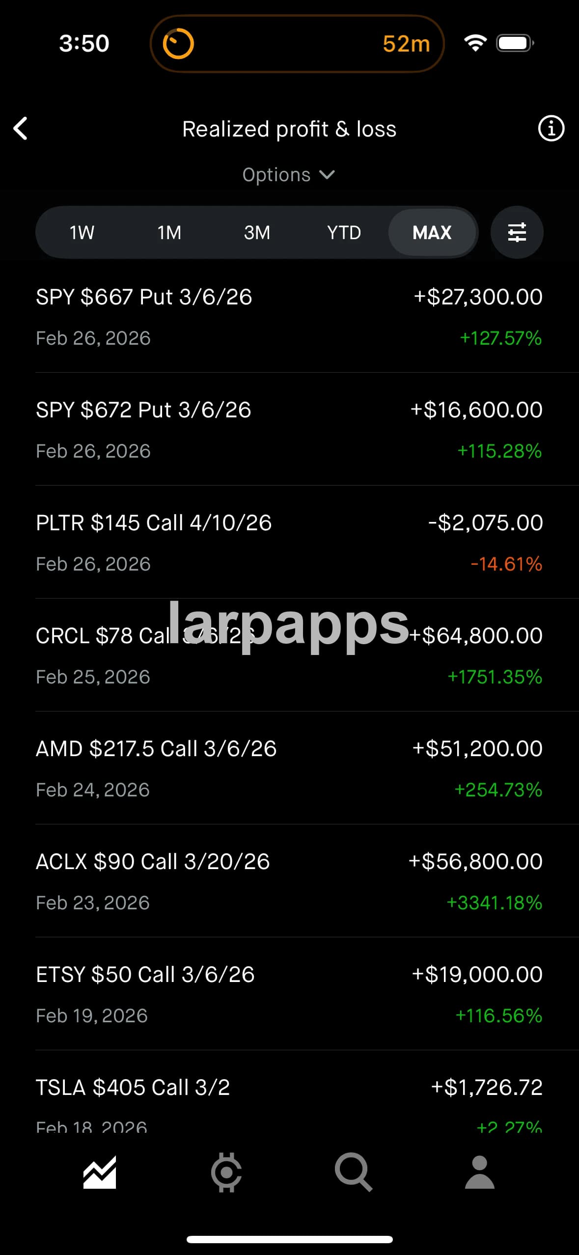 Robinhood saved trade history screen preview